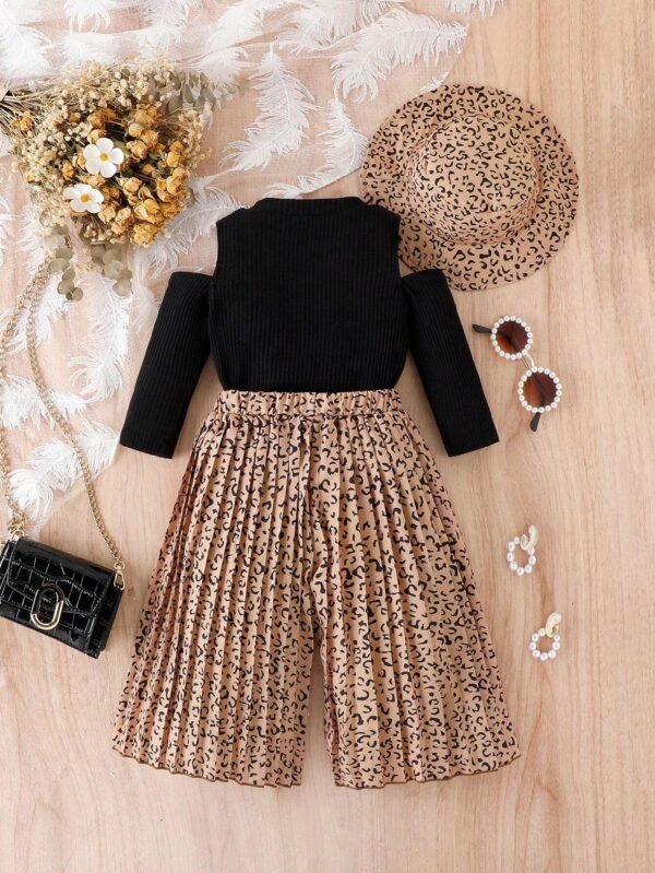 Bebé niña de hombros descubiertos Camiseta & con estampado de leopardo Falda fruncido & Sombrero - Imagen 5