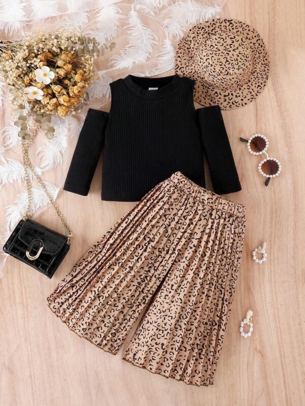 Bebé niña de hombros descubiertos Camiseta & con estampado de leopardo Falda fruncido & Sombrero - Imagen 6