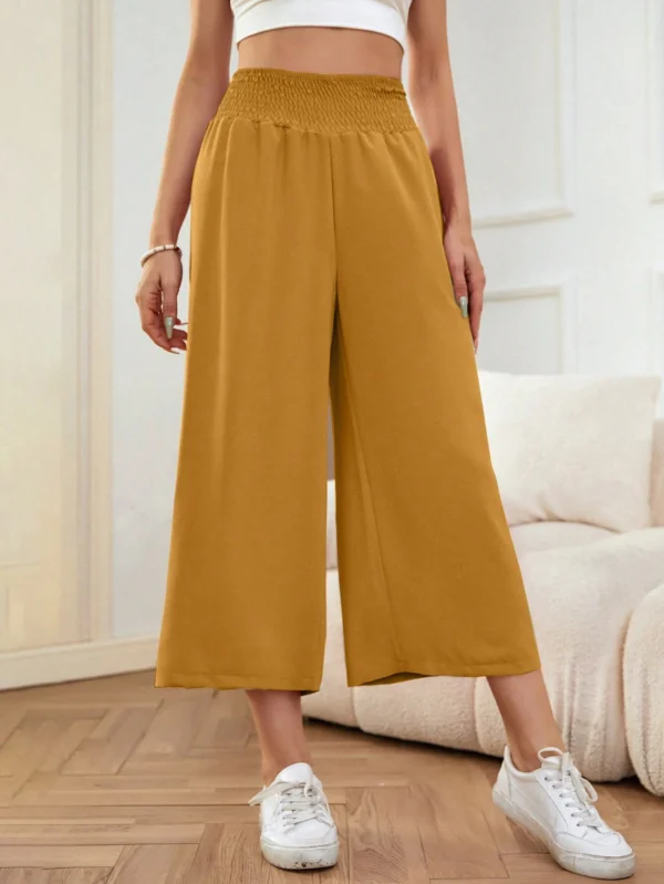 Pantalones de pierna ancha unicolor de cintura fruncido crop