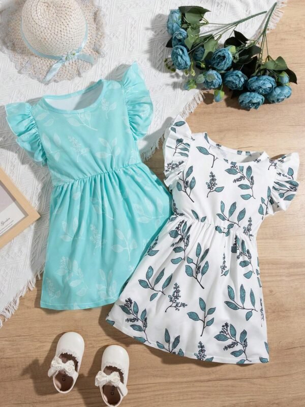 Vestido Con Estampado De Hojas Y Detalle De Volantes Para Niña Joven