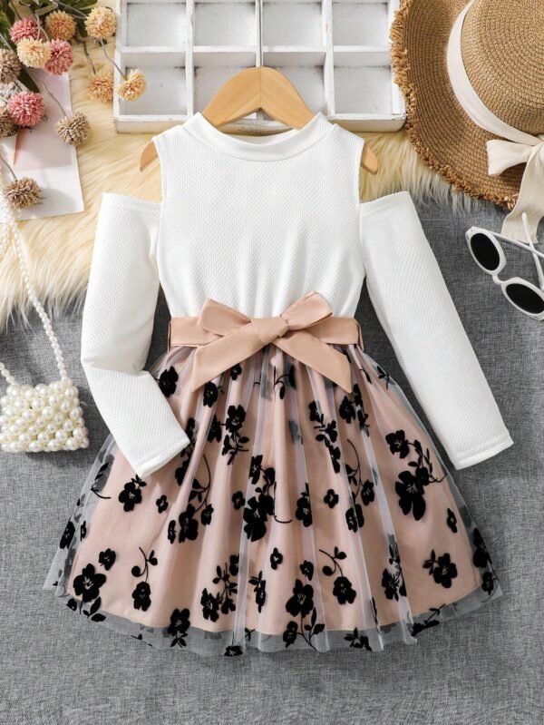Vestido De Malla Con Flores Para Niñas Pequeñas, Mangas Con Agujeros, Cintura Con Correa