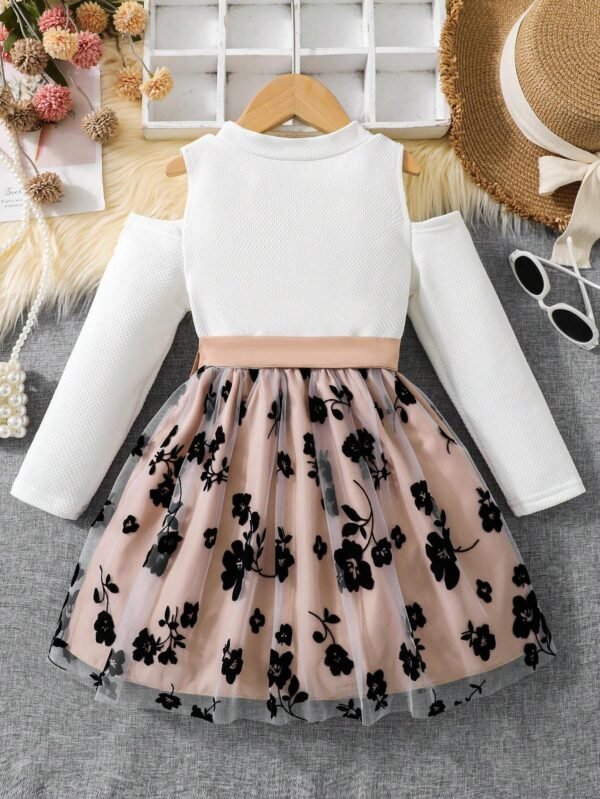Vestido De Malla Con Flores Para Niñas Pequeñas, Mangas Con Agujeros, Cintura Con Correa - Imagen 5