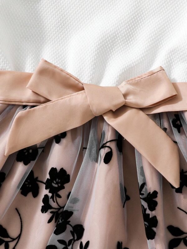 Vestido De Malla Con Flores Para Niñas Pequeñas, Mangas Con Agujeros, Cintura Con Correa - Imagen 4