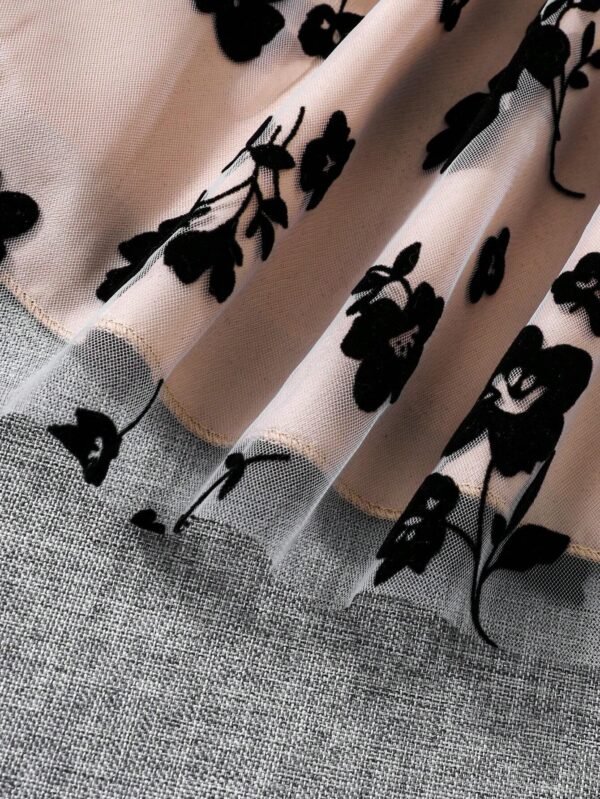 Vestido De Malla Con Flores Para Niñas Pequeñas, Mangas Con Agujeros, Cintura Con Correa - Imagen 3