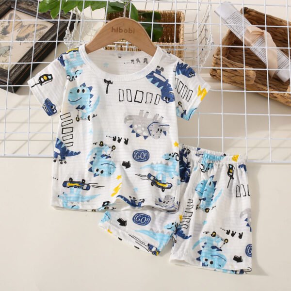 Camiseta de manga corta con estampado de animales de dibujos animados de algodón puro para niños pequeños de 2 piezas y pantalones cortos a juego