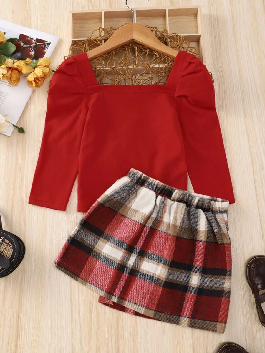 Camiseta De Cuello Cuadrado Para Niña Y Falda Asimétrica Con Estampado De Cuadros - Imagen 2