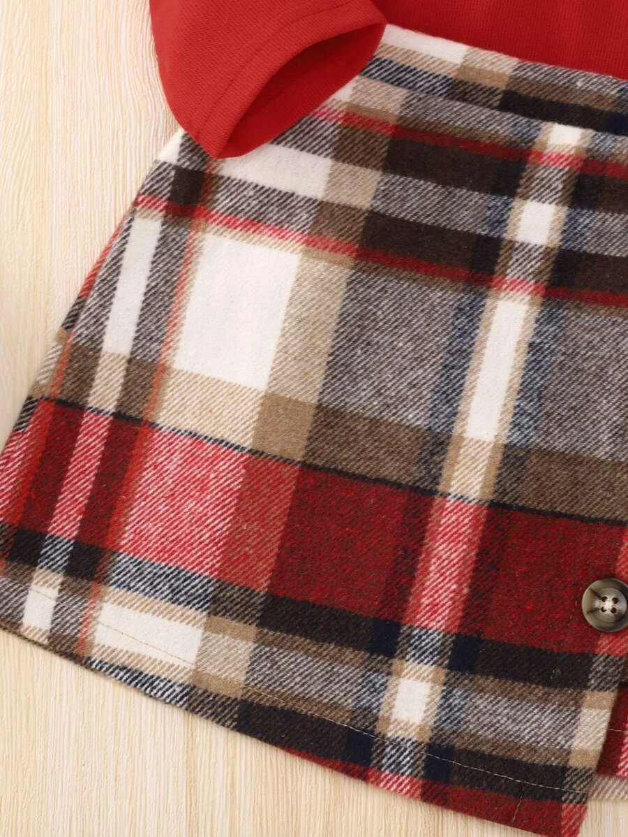 Camiseta De Cuello Cuadrado Para Niña Y Falda Asimétrica Con Estampado De Cuadros - Imagen 3