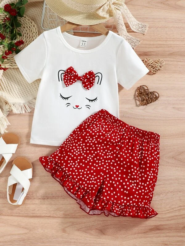 Camiseta Frontal Con Arco Y Gráfico De Dibujos Animados Para Niña Y Pantalones Cortos Estampados De Lunares - Imagen 5