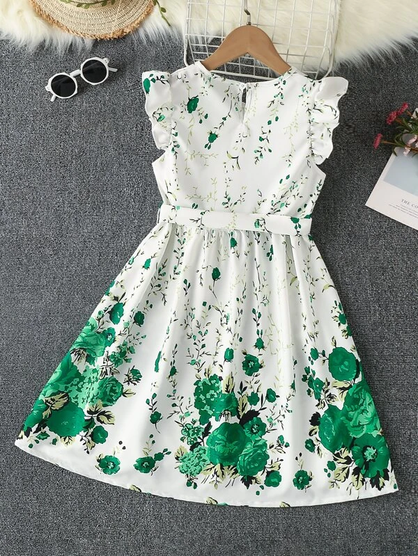Vestido De Niña Preadolescente Con Estampado Floral, Con Mangas De Ala De Mariposa Y Cinturón - Imagen 2