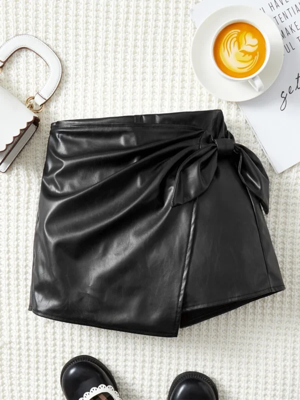 Niña Preadolescente Mini Falda-pantalón De Cuero Sintético Con Nudo Lateral