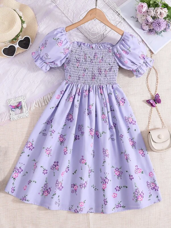Vestido De Media Niña Con Manga Abullonada Y Estampado Floral - Imagen 2