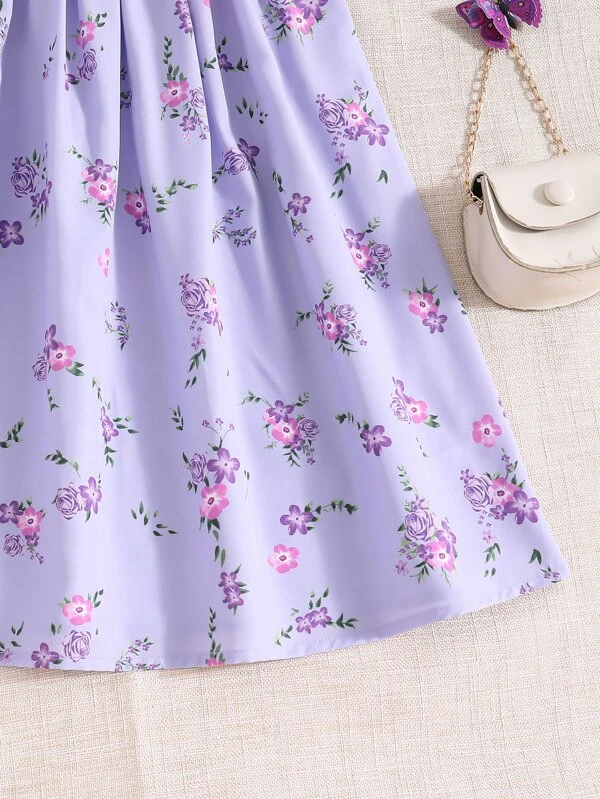 Vestido De Media Niña Con Manga Abullonada Y Estampado Floral - Imagen 5