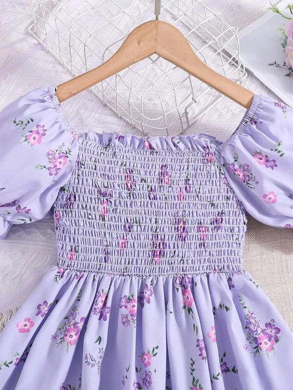 Vestido De Media Niña Con Manga Abullonada Y Estampado Floral - Imagen 4