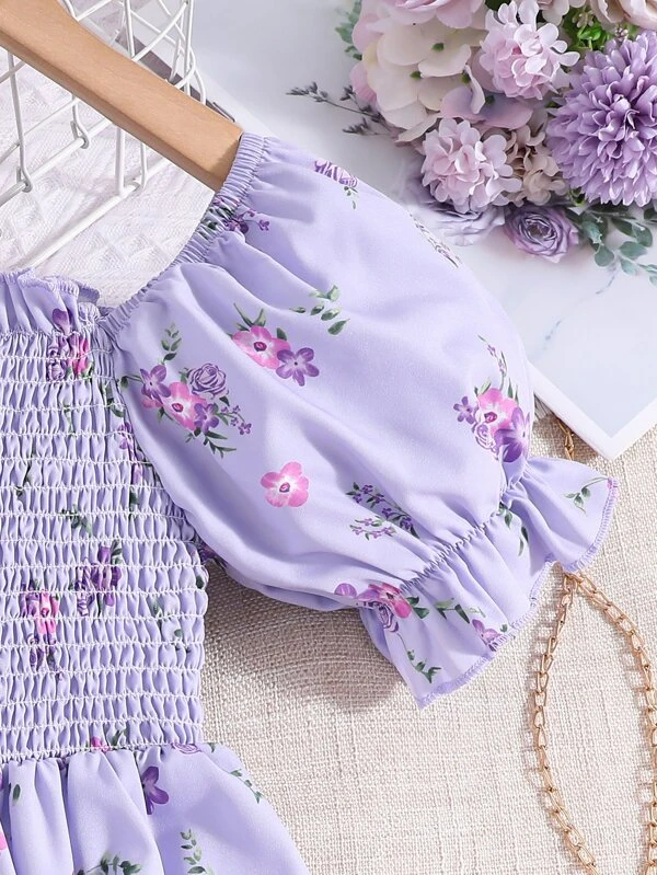 Vestido De Media Niña Con Manga Abullonada Y Estampado Floral - Imagen 3