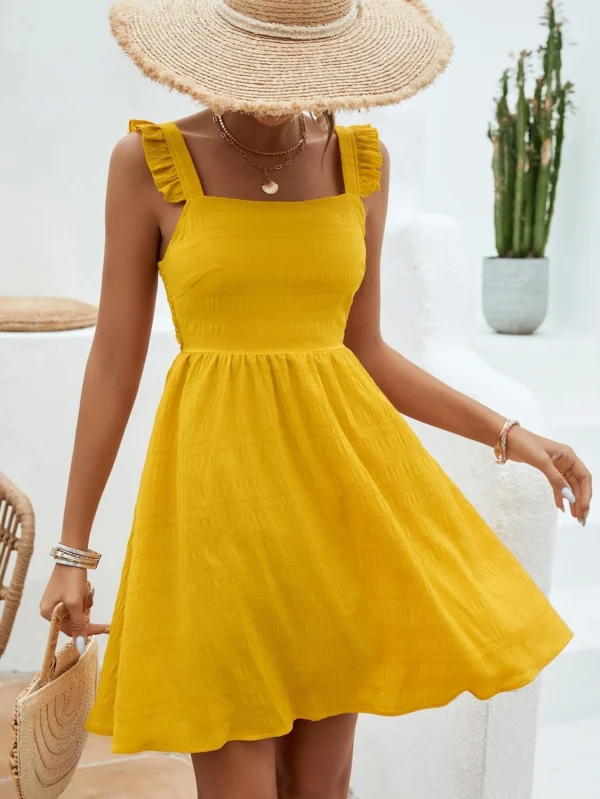 Vestido de tirantes unicolor ribete con fruncido - Imagen 3