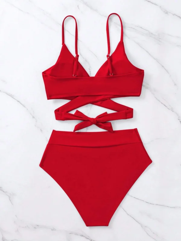 Conjunto de bikini unicolor Sujetador con lazo en la espalda entrecruzado - Imagen 2