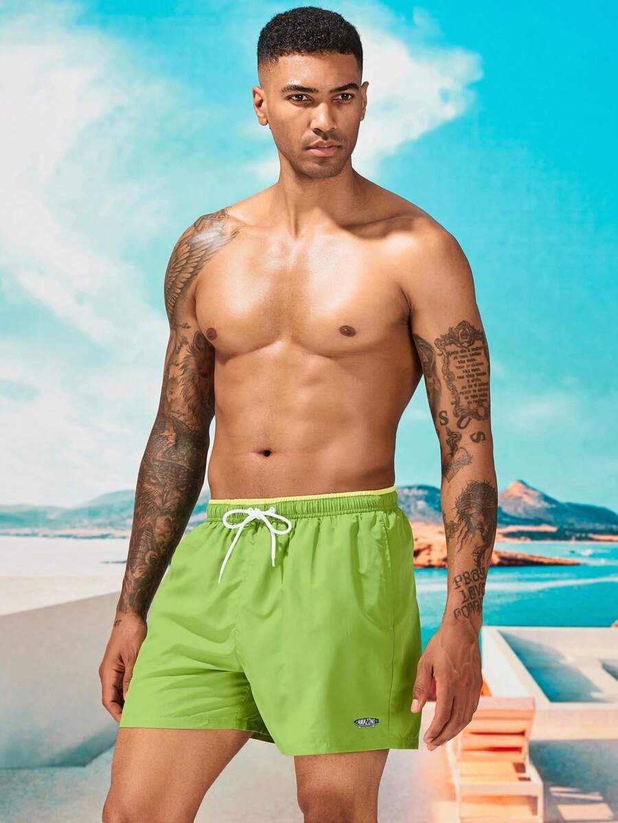 Shorts de natación con parche de letra de cintura con cordón - Imagen 3