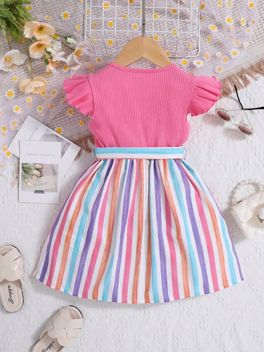 Vestido Casual De Niñas Pequeñas Con Mangas Voladoras Y Manga Corta - Imagen 2