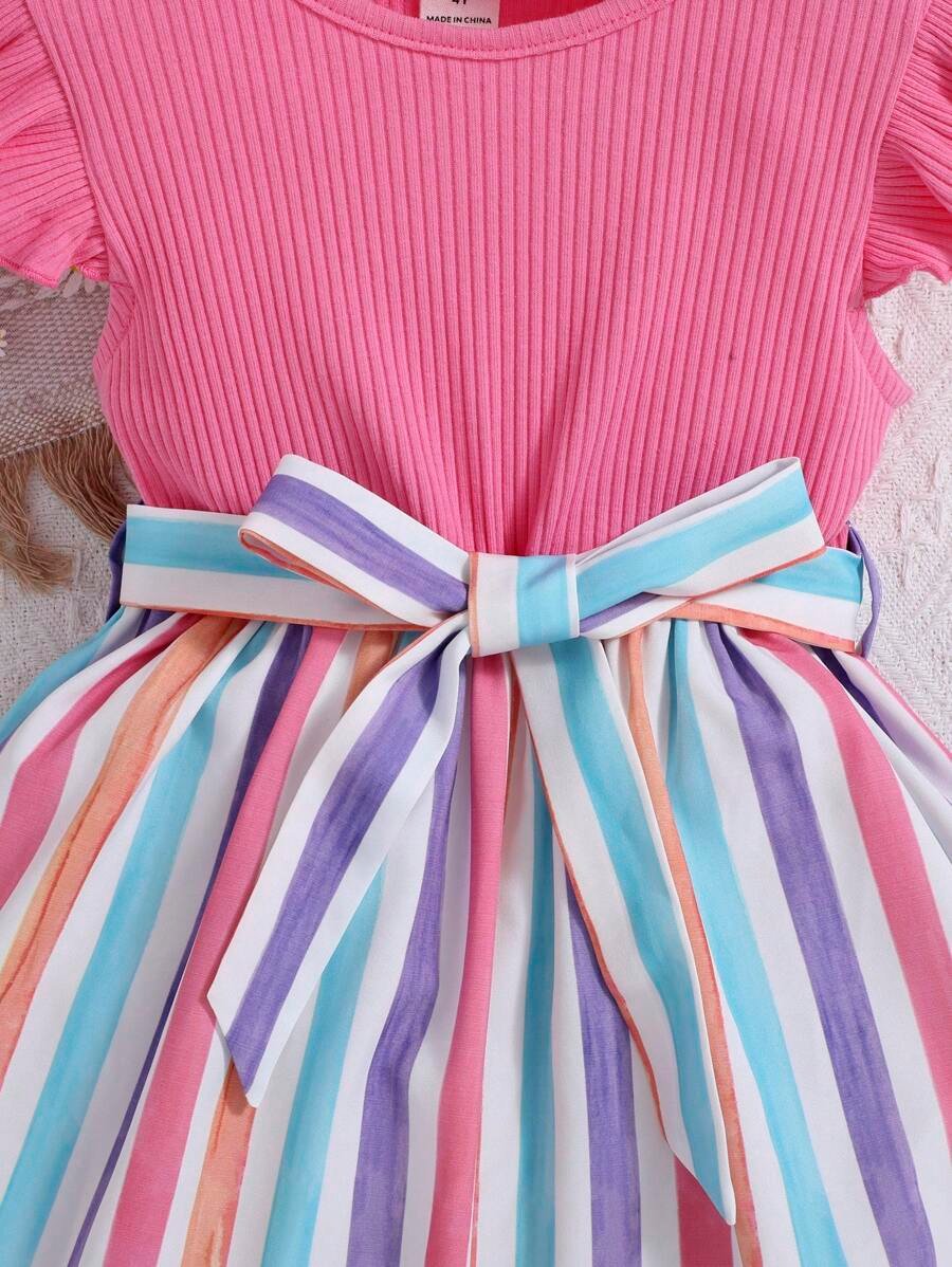 Vestido Casual De Niñas Pequeñas Con Mangas Voladoras Y Manga Corta - Imagen 4