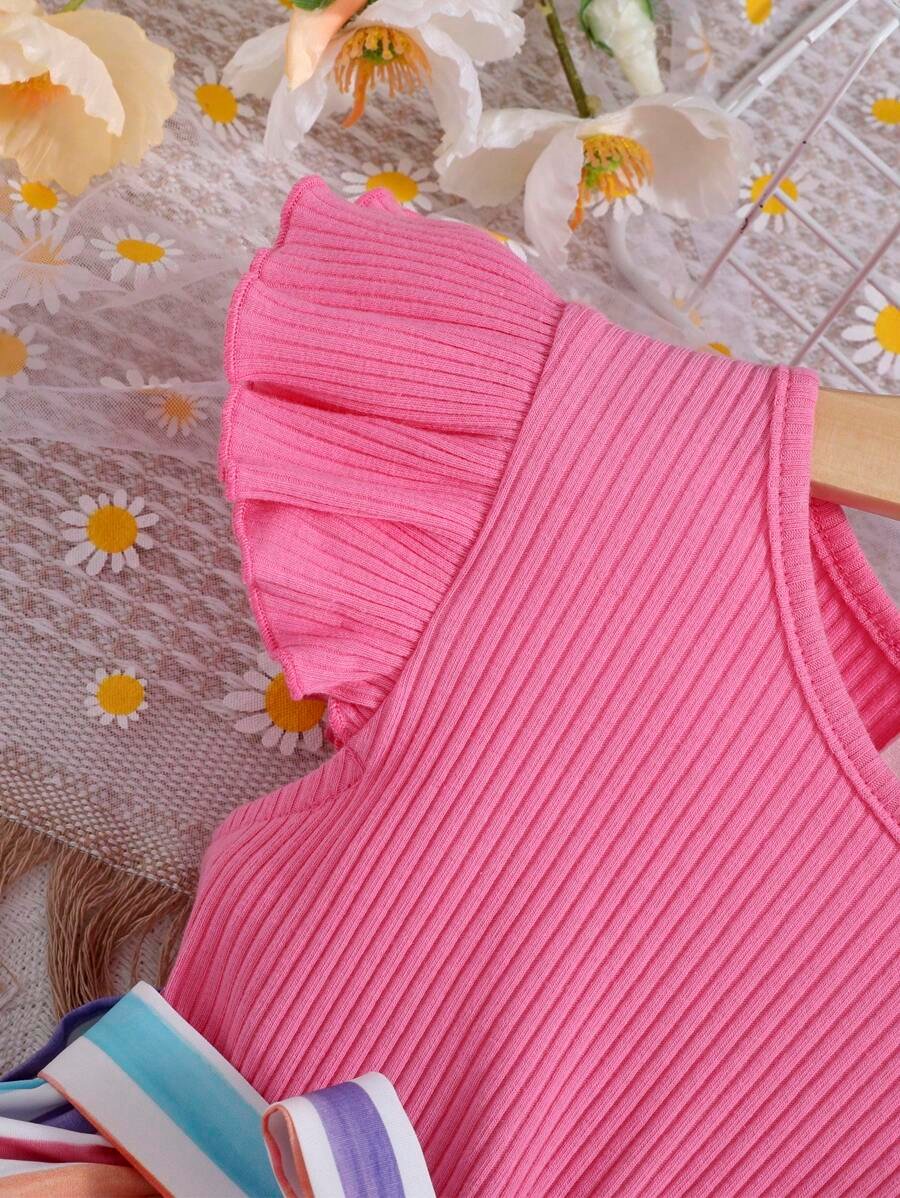 Vestido Casual De Niñas Pequeñas Con Mangas Voladoras Y Manga Corta - Imagen 3