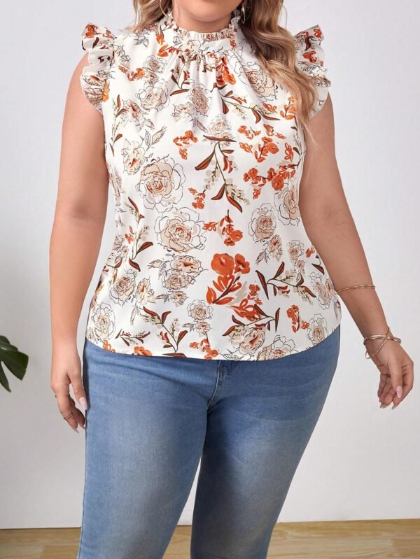 Blusa con estampado floral ribete con fruncido de cuello alto - Imagen 5