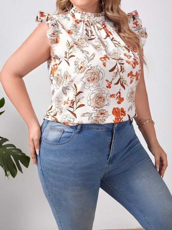 Blusa con estampado floral ribete con fruncido de cuello alto - Imagen 3