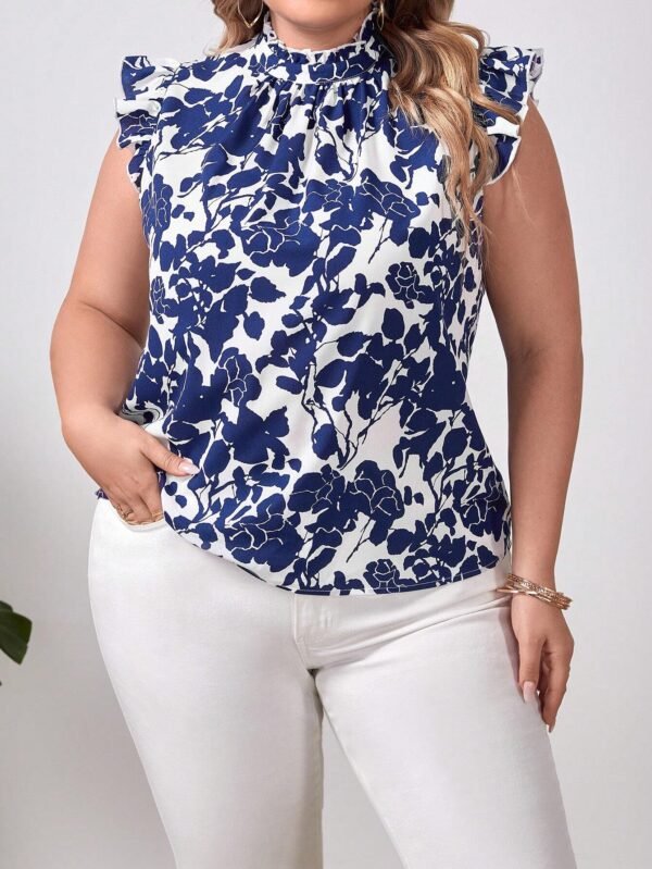 Blusa con estampado floral ribete con fruncido de cuello alto - Imagen 5