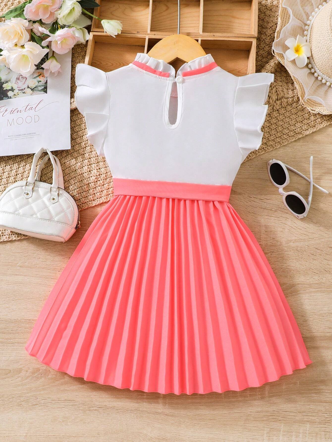 Chica Joven Vestido con cinturón de dos tonos con lazo delantero - Imagen 2