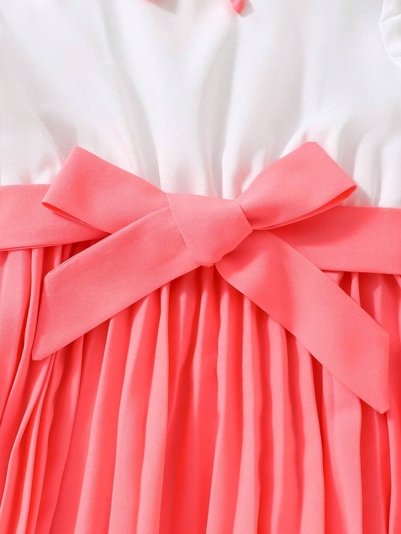 Chica Joven Vestido con cinturón de dos tonos con lazo delantero - Imagen 4