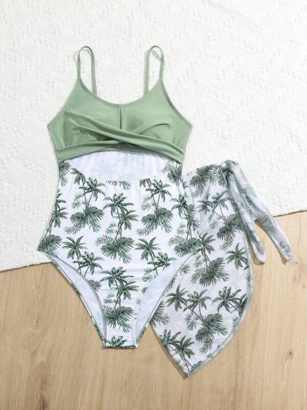 Traje De Baño De Una Sola Pieza Con Estampado Tropical Y Falda