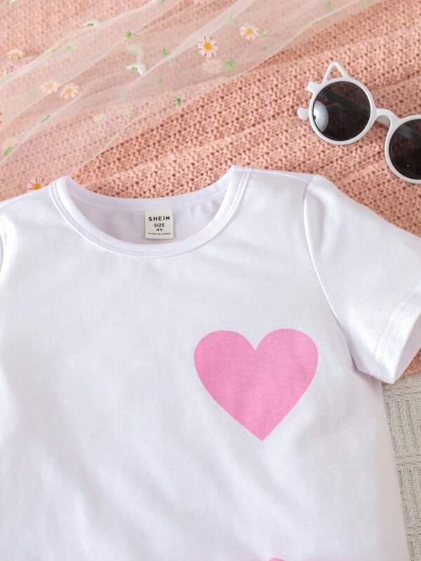Conjunto De Camiseta Con Estampado De Corazón Y Pantalones Cortos Con Cinturón Para Niñas Pequeñas - Imagen 5