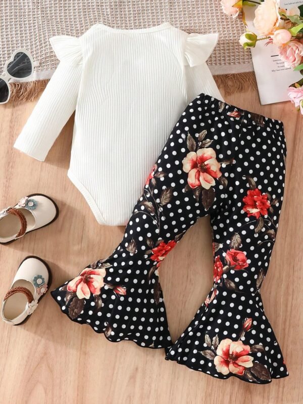 Conjunto  Simple De Color Sólido Y Pantalones Acampanados Con Flores - Imagen 2