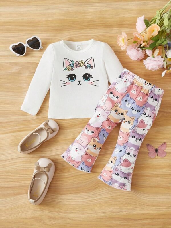 Conjunto De Blusa De Manga Larga Con Patrón De Gato