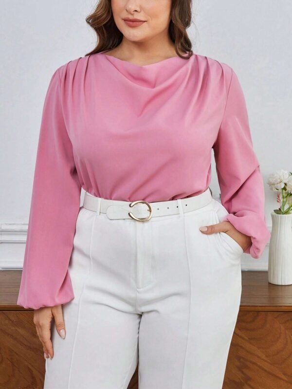 Camisa De Talla Grande De Color Liso Con Cuello En V Y Mangas Farol