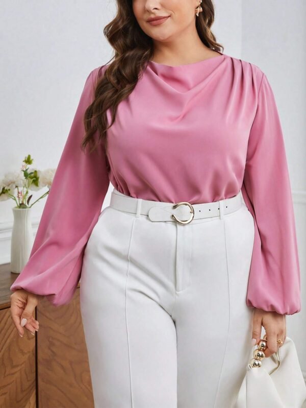 Camisa De Talla Grande De Color Liso Con Cuello En V Y Mangas Farol - Imagen 5