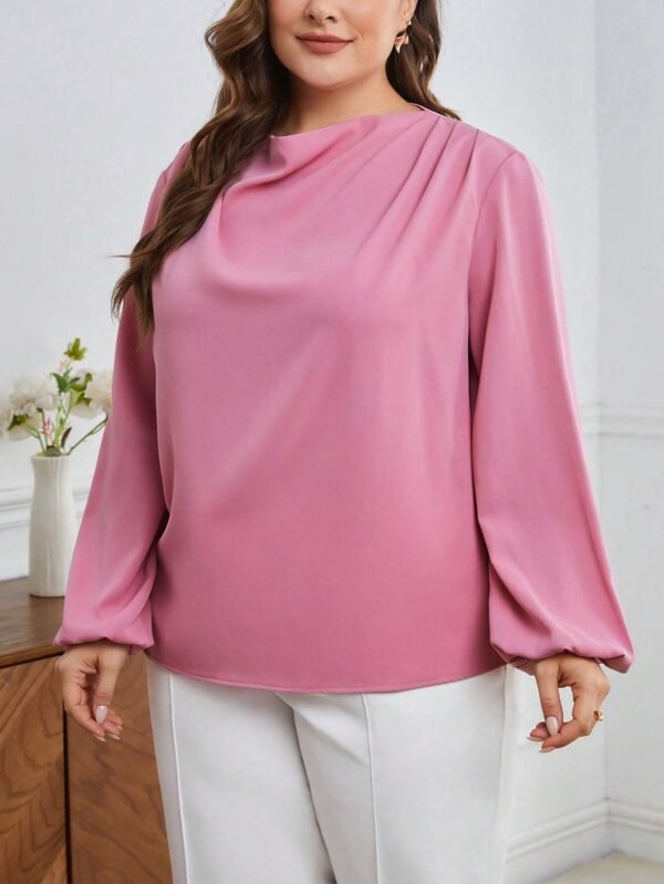 Camisa De Talla Grande De Color Liso Con Cuello En V Y Mangas Farol - Imagen 4