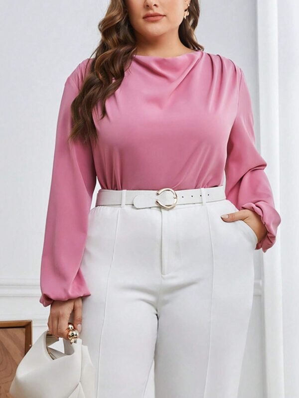 Camisa De Talla Grande De Color Liso Con Cuello En V Y Mangas Farol - Imagen 3