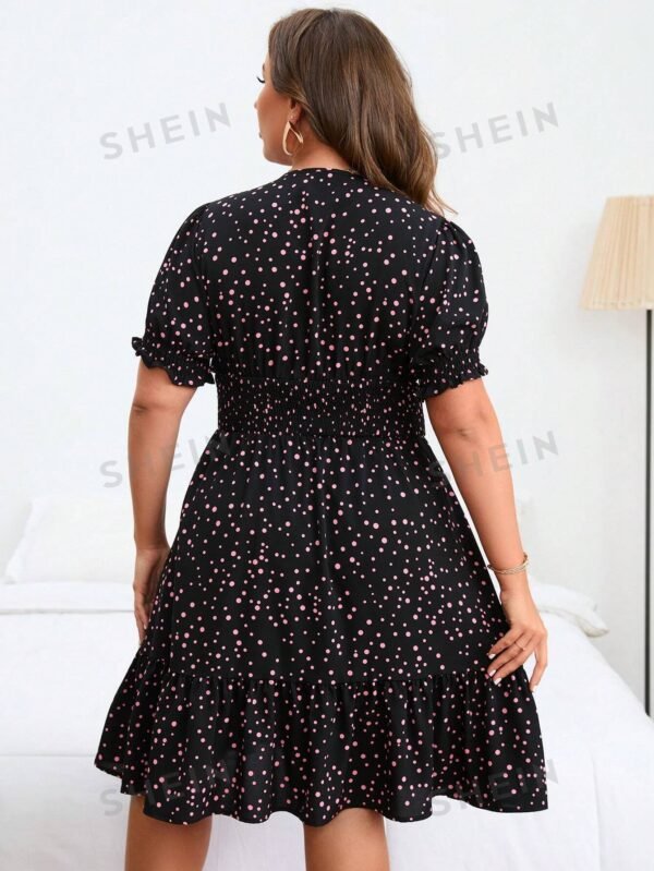 Vestido con estampado de lunares de manga farol bajo con fruncido - Imagen 2