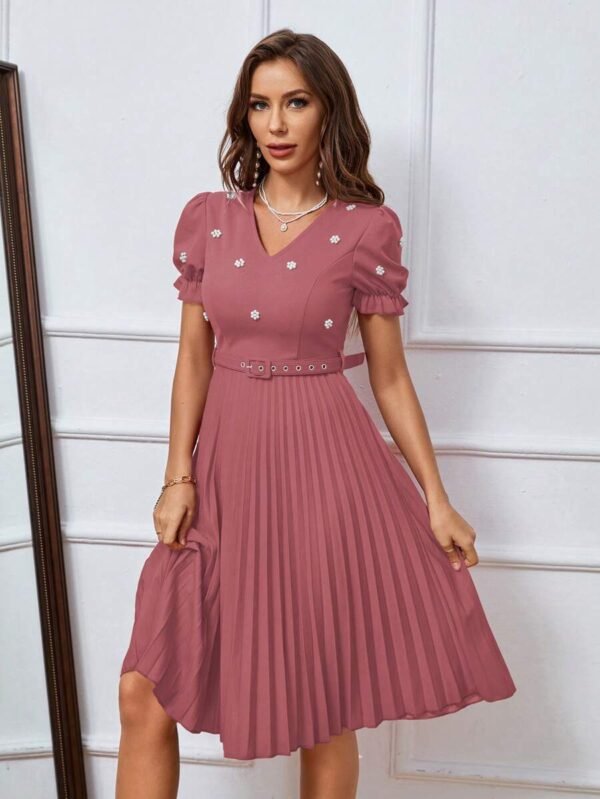 Vestido con diseño de perlas de manga farol ribete fruncido bajo fruncido