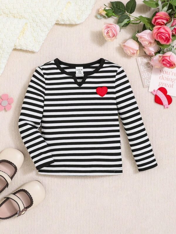 Top Casual De Punto A Rayas Para Bebé Niña Con Estampado De Corazones
