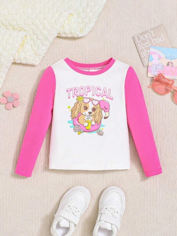 Bebé niña Camiseta unida en contraste con estampado de letra y dibujos animados