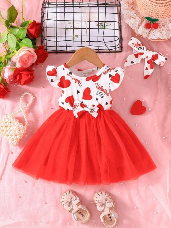 Vestido De Malla Con Estampado De Corazones Y Letras Para Bebé Niña