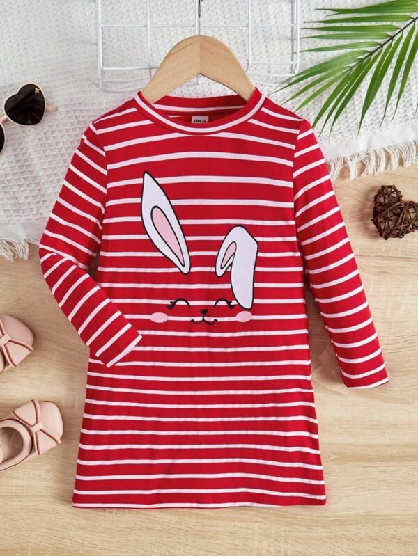 Vestido De Una Pieza Lindo Con Estampado De Conejito En Rayas Para Niñas Pequeñas