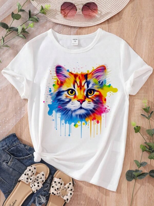 Camiseta De Manga Corta Con Estampado De Gato