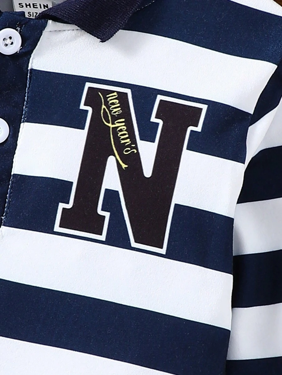 Camisa De Polo Para Niños De Rayas Con Impresión De Letra - Imagen 3