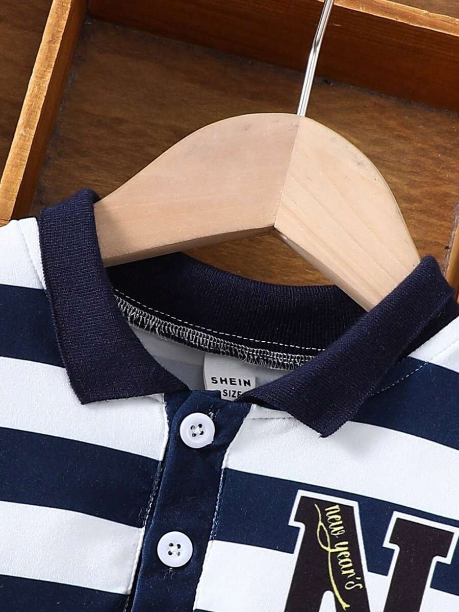 Camisa De Polo Para Niños De Rayas Con Impresión De Letra - Imagen 2
