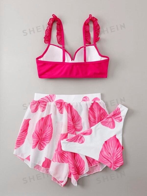 3 piezas con estampado de hoja Bañador bikini push up & Shorts cover up - Imagen 2