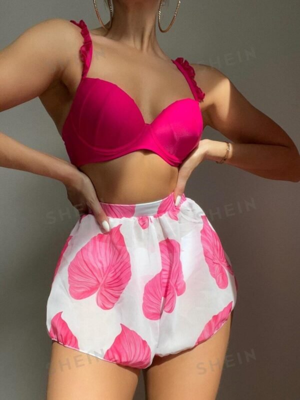 3 piezas con estampado de hoja Bañador bikini push up & Shorts cover up