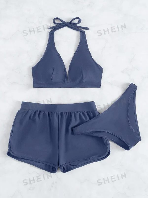 Bañador bikini halter simple con shorts de playa - Imagen 3