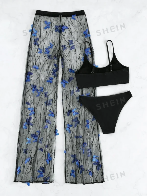 3 piezas bañador bikini unicolor con cover up de malla con aplique - Imagen 2